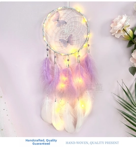 Detail showing butterfly dream catcher with colorful feathers and warm glowing LED lights