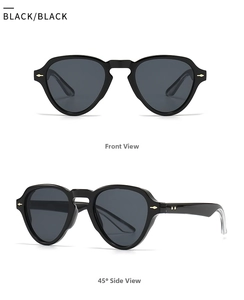 Front and 45-degree side view of vintage round black sunglasses with gold metal accents