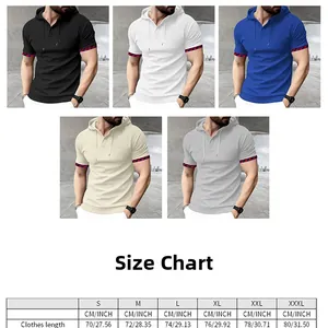 Detailed size chart for waffle knit short sleeve hooded polo shirts with five color options