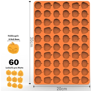 Detailed view of 60-cavity orange silicone pumpkin mold with 2.5mm size dimensions