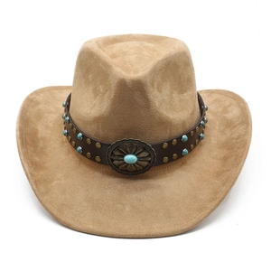 Detail of faux suede cowboy hat with turquoise beads and bronze buckle on leather band