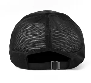Detail of adjustable metal buckle with SPORT engraving on black mesh sun cap back