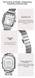 Detail view of square stainless steel watch head, metal strap, and engraved back case