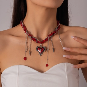Gothic choker with red beaded irregular stones, silver heart cross pendant and tassels