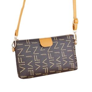 Brown printed small square crossbody bag with yellow strap and top zip closure