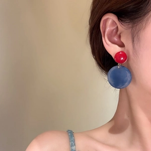 Minimalist red and blue geometric acrylic round earrings with silver needle posts