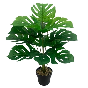 Detail view of artificial monstera plant with clear leaf textures and black pot