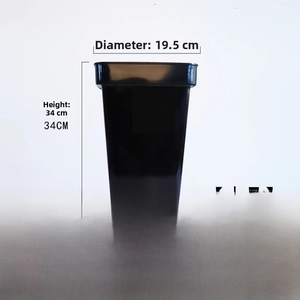 Medium black plastic flower bucket dimensions: 19.5cm top, 34cm height, 12.5cm base