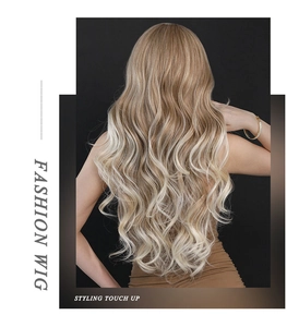 Macro back view showing smooth texture and length of ombre blonde wavy lace wig