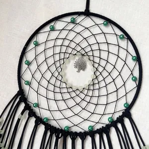 Handmade dream catcher with peacock pendant, emerald green beads and black tassels