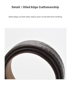 Macro shot of dark brown crocodile pattern leather belt showing precise oil edge finish