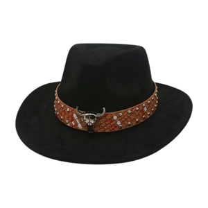 Black faux suede western cowboy hat with brown leather belt and metal bull head skull detail