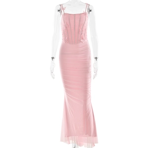 Pink backless mermaid dress with ruffled details and 3D floral accents for women
