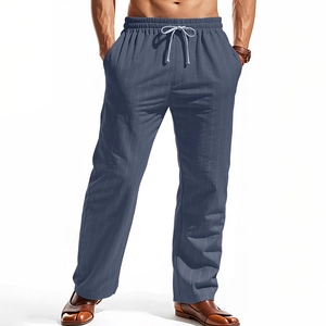 Pantaloni da uomo in lino blu navy a righe verticali con coulisse per il mare