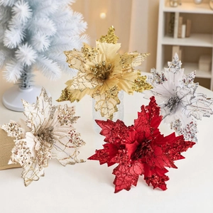 Artificial Christmas Poinsettia Flowers Sequin Velvet Glitter Sparkling Ornaments For Christmas Tree Home Decor Elegant