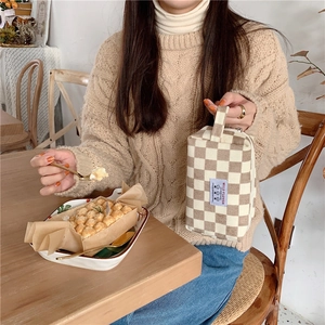 Trousse de maquillage à damier en velours côtelé avec patch 'WILD FLOWER' et poignée