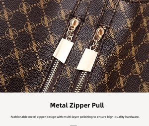 Detail view of premium golden metallic zippers on dark brown patterned PU leather backpack