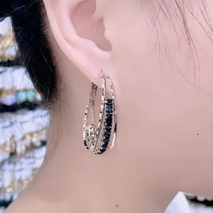 Chic multi-layered silver hoop earrings with inset black cubic zirconia for women