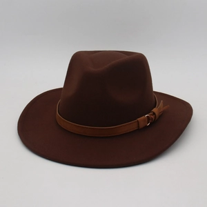 Classic dark brown wide brim wool fedora hat with brown leather band and metal buckle