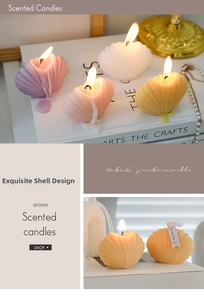 Detailed view of shell shaped scented candles with wavy texture and Save the Date tags