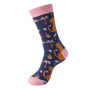 Detail of navy cotton socks featuring pink contrast heel and exotic leopard patterns