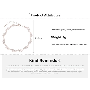 Detail showing 21.5cm length of zircon pearl bracelet with copper base and size dimensions