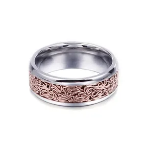 Stainless Steel Two Tone Ring Silver Border Rose Gold Braided Texture Center Vintage Personalized Band Jewelry