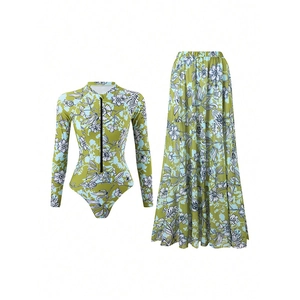 Two-piece long sleeve zipper bikini set with matching floral maxi skirt in green
