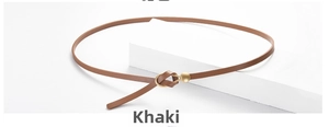 Detailansicht khakifarbener schmaler Ledergürtel mit matter goldener Knotenschnalle