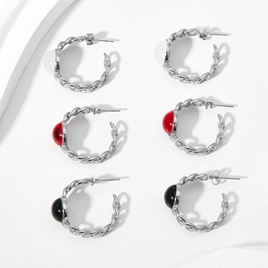 Vintage hollow C-shape earrings with twisted metal texture and colorful glass stones