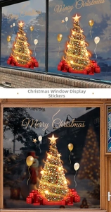 Detailierter Weihnachtsbaum Fensteraufkleber mit roten Geschenkboxen und Ballons