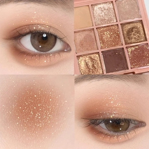 Close-up collage of nine-color eyeshadow palette with matte and shimmer textures