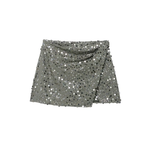 Sparkly grey sequin mini skirt with metallic finish in a professional flat lay view