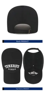 Detail of black cotton baseball cap showing Tenerife 1973 embroidery and adjustable strap