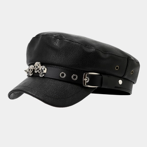 Faux leather flat top military hat with silver skull studs and punk rock style
