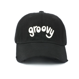 Distressed black cotton baseball cap with groovy 3D embroidery and wide brim for women