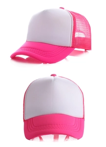 Detailed views of a pink and white mesh trucker hat with foam front and stitched visor