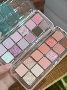 Close-up showing pink and coral twelve-color eyeshadow palettes with matte and shimmer finish