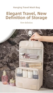 Detail of hanging toiletry bag with hook, mesh pockets and transparent compartments
