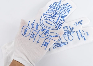 Detailed view of white reflexology gloves with blue printed hand acupuncture points diagram