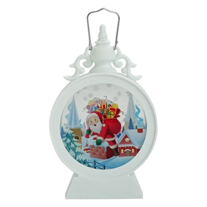 White vintage Christmas lantern with Santa Claus illustration and internal LED light