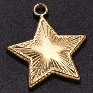 Macro shot of 304 stainless steel star pendant with golden texture and radial patterns