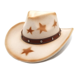 Retro western cowboy felt hat with brown stars and rhinestone leather band details
