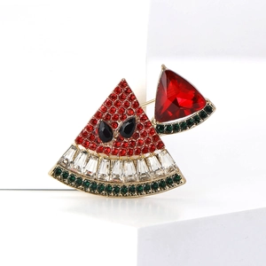 Sparkling watermelon slice brooch with colorful rhinestones on a gold alloy base