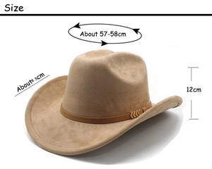 Size guide for khaki suede cowboy hat showing 57-58cm circumference and 8.5cm brim width