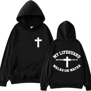 Sweat À Capuche Chrétien My Lifeguard Walks On Water Verset Biblique Imprimé Croix Doublé Polaire Homme Casual