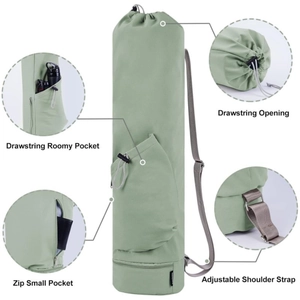 Yoga mat bag detail view showing adjustable strap and pockets for fitness travel.