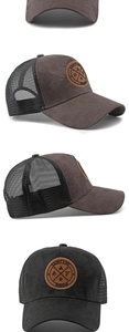 Detail der dunkelbraunen Wildleder-Trucker-Cap mit Mesh und rundem Leder-Patch