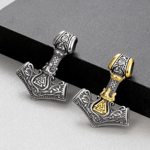 Vintage Viking Thor's Hammer pendants in silver and gold steel with Valknut engraving