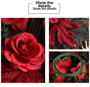 Detailed view of Halloween silk rose candle wreath with dark red petals and black texture